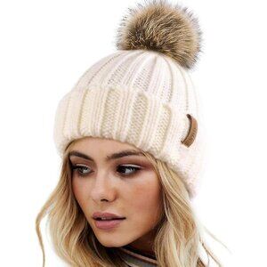 Women's Beige Winter Warm Knitted Beanie Faux Fur Pom Knit Skull Style Hat Cap